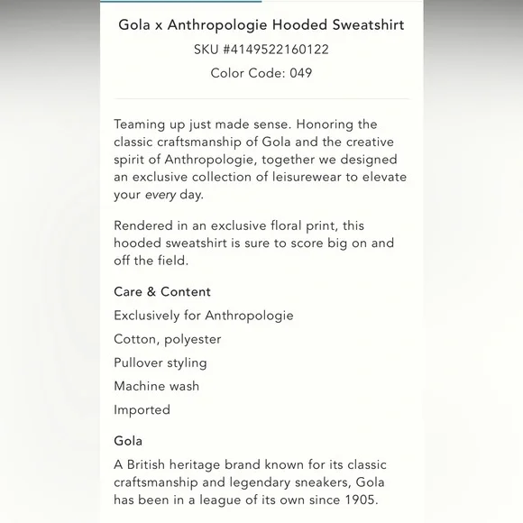 Gola X Anthropologie NWT generous S/M Hoodie Sweatshirt Floral Design, pockets - Picture 11 of 15